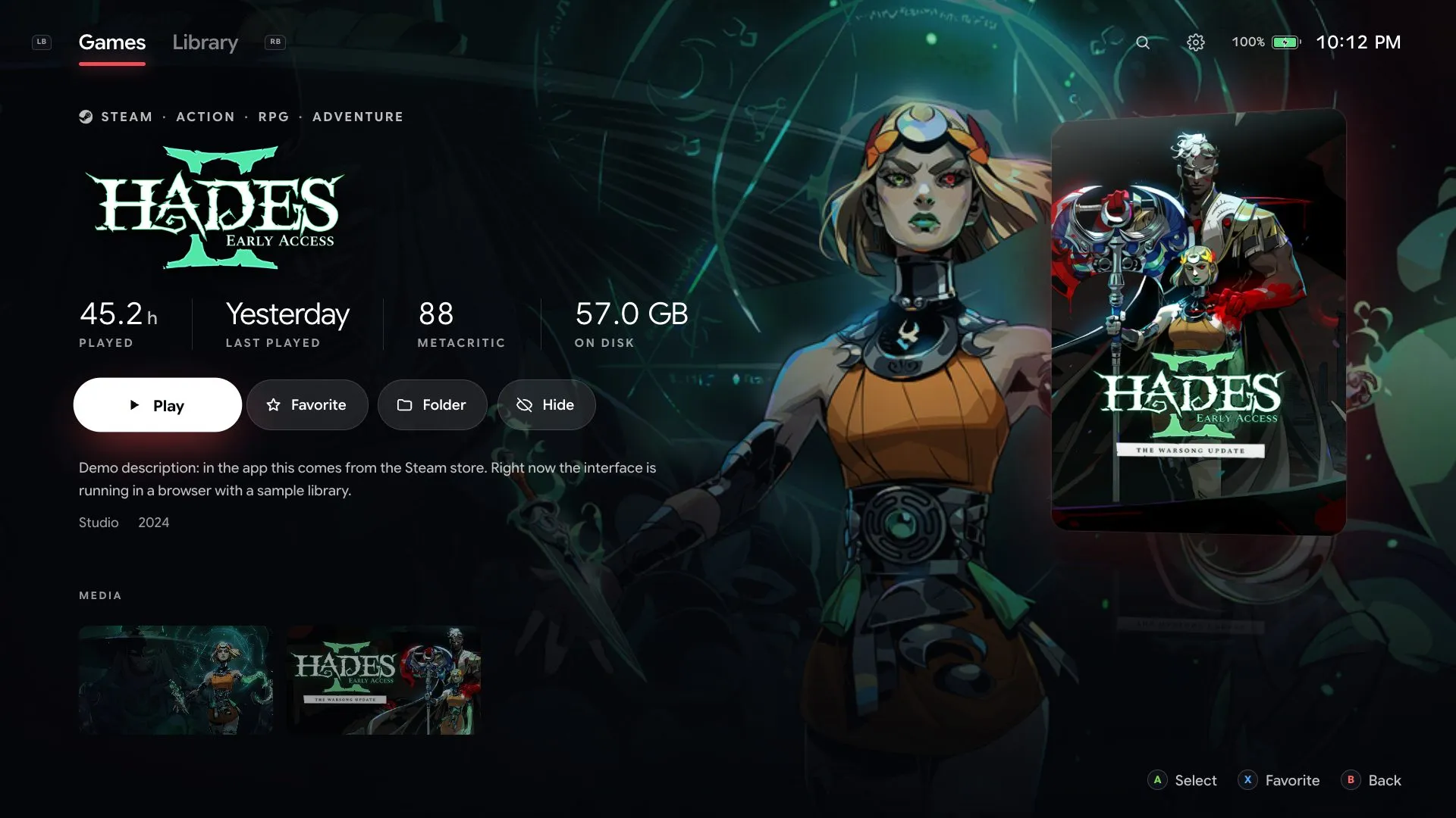 Mantel's game details screen for Hades II: playtime, Metacritic score, size on disk and Play, Favorite, Folder and Hide buttons