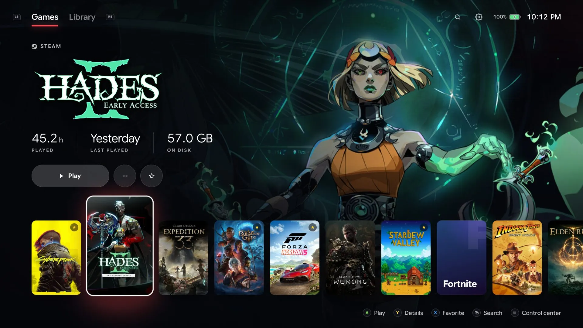 Mantel's Games screen: Hades II's art and logo with 45.2 hours played, a Play button, and a row of game covers below