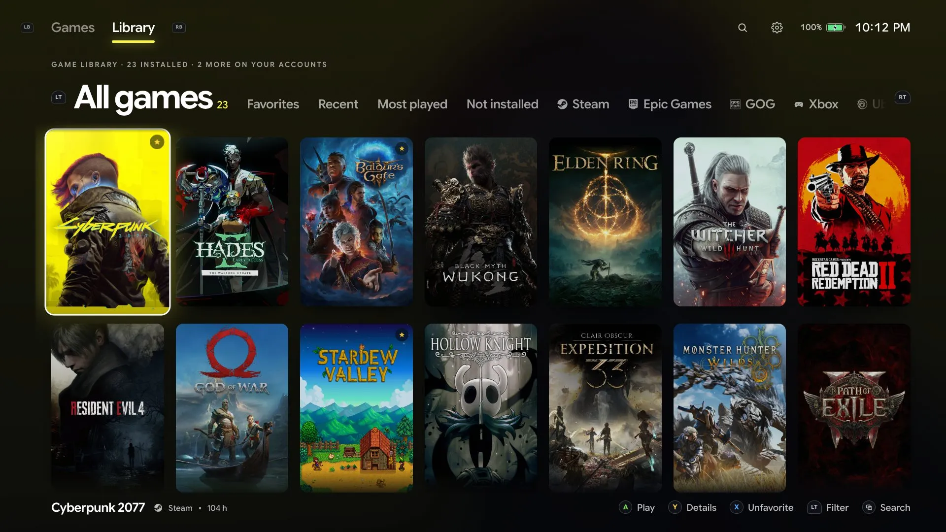 Mantel's Library screen: a grid of game covers with filters for favorites, recent, most played, not installed and each store